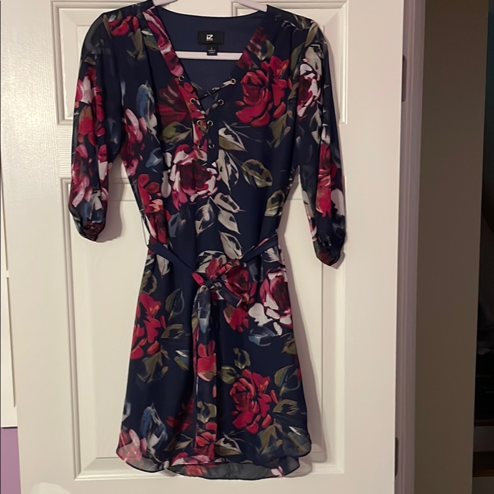 Iz Byer Red and Pink Wrap Mini Dress with Bishop Sleeves